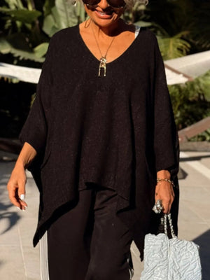 Ribbed Hem V-Neck Sweater - minbolu -