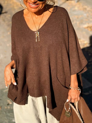 Ribbed Hem V-Neck Sweater - minbolu -