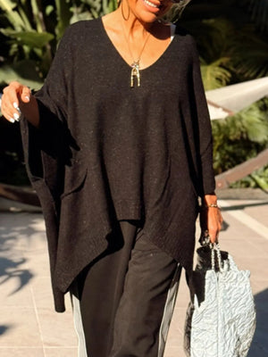 Ribbed Hem V-Neck Sweater - minbolu -