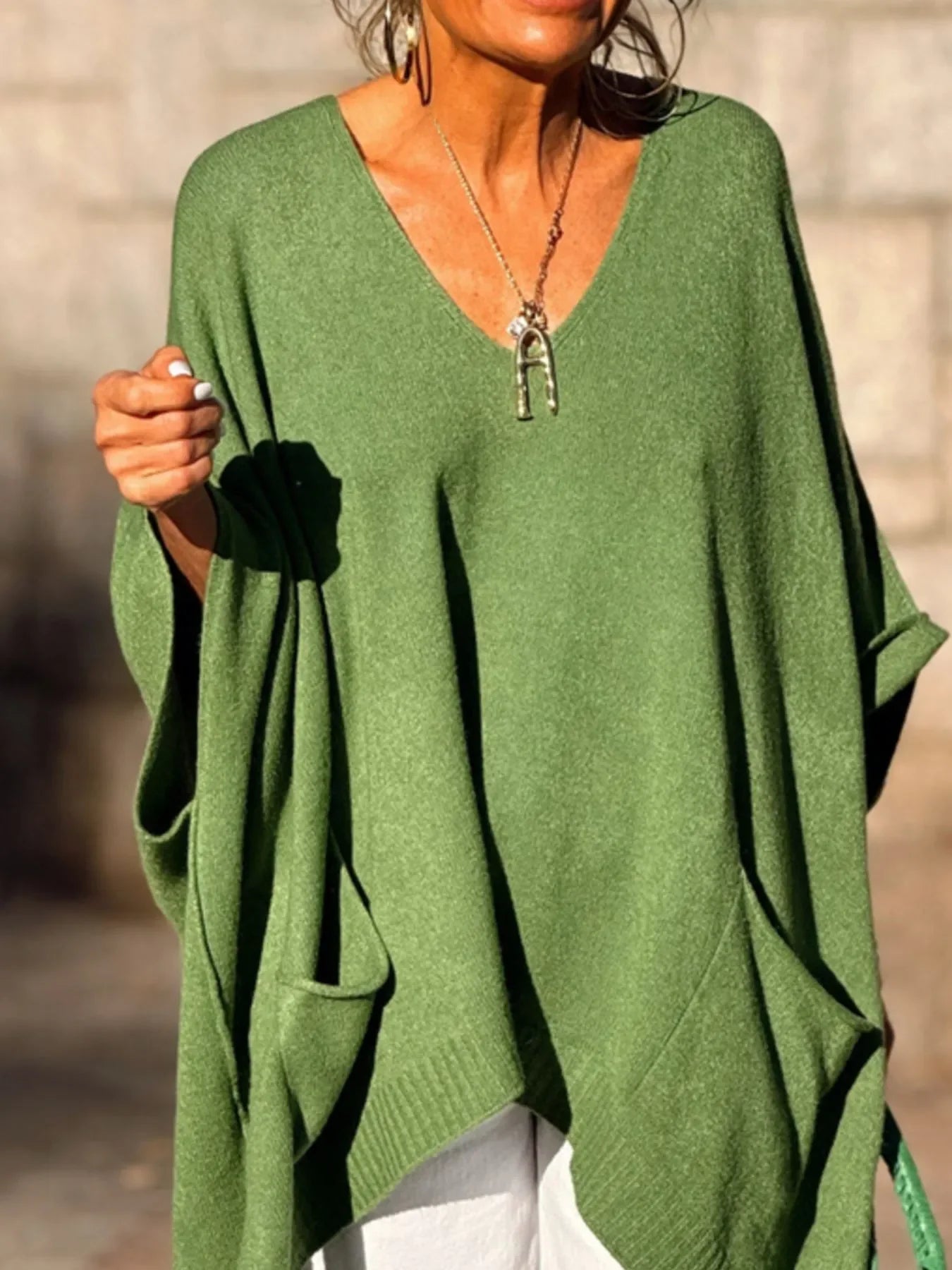 Ribbed Hem V-Neck Sweater - minbolu -