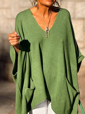 Ribbed Hem V-Neck Sweater - minbolu -