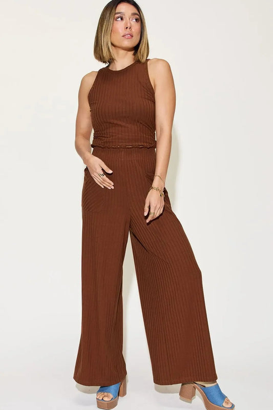 Ribbed Tank Top & Wide Leg Pants Set - Comfortable Two - Piece Outfit - minbolu