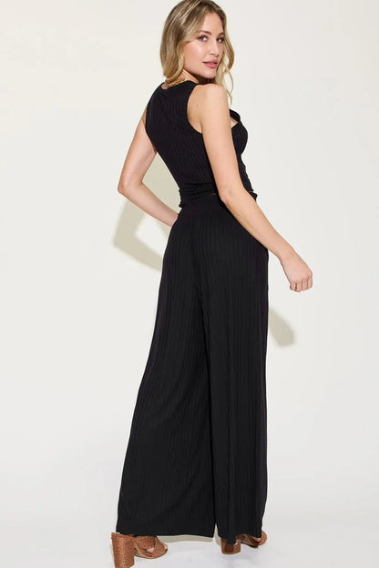 Ribbed Tank Top & Wide Leg Pants Set - Comfortable Two - Piece Outfit - minbolu