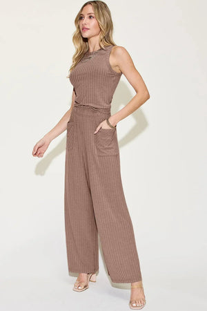 Ribbed Tank Top & Wide Leg Pants Set - Comfortable Two-Piece Outfit - minbolu -