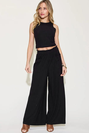 Ribbed Tank Top & Wide Leg Pants Set - Comfortable Two-Piece Outfit - minbolu -