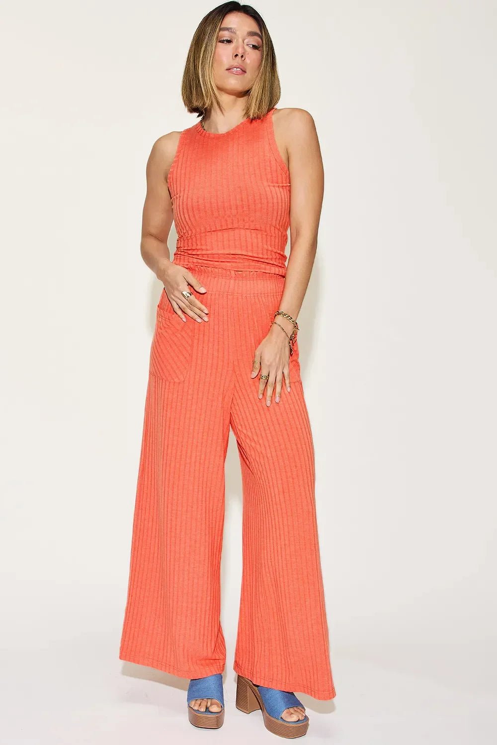 Ribbed Tank Top & Wide Leg Pants Set - Comfortable Two-Piece Outfit - minbolu -
