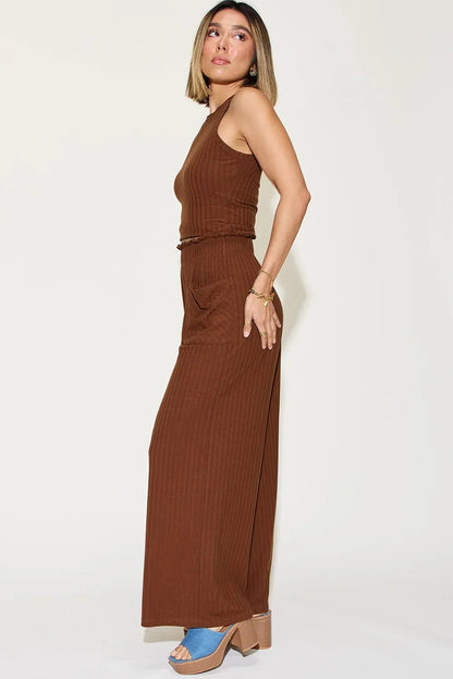 Ribbed Tank Top & Wide Leg Pants Set - Comfortable Two - Piece Outfit - minbolu