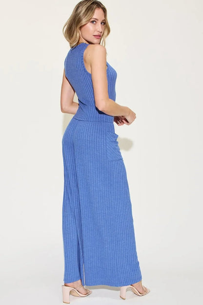 Ribbed Tank Top & Wide Leg Pants Set - Comfortable Two - Piece Outfit - minbolu