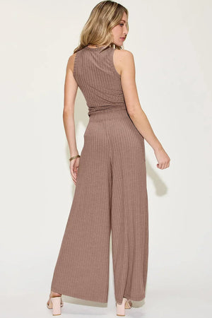 Ribbed Tank Top & Wide Leg Pants Set - Comfortable Two-Piece Outfit - minbolu -