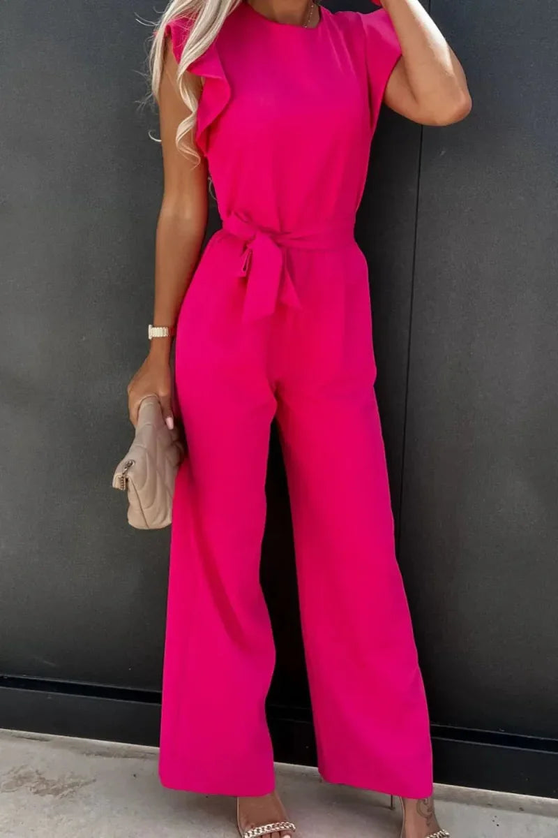 Round Neck Cap Sleeve Jumpsuit - minbolu -