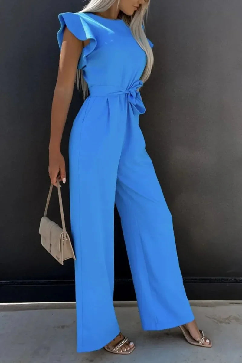 Round Neck Cap Sleeve Jumpsuit - minbolu -