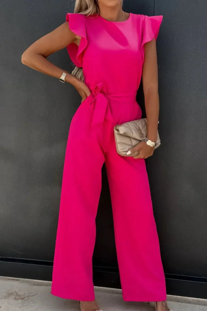 Round Neck Cap Sleeve Jumpsuit - minbolu -