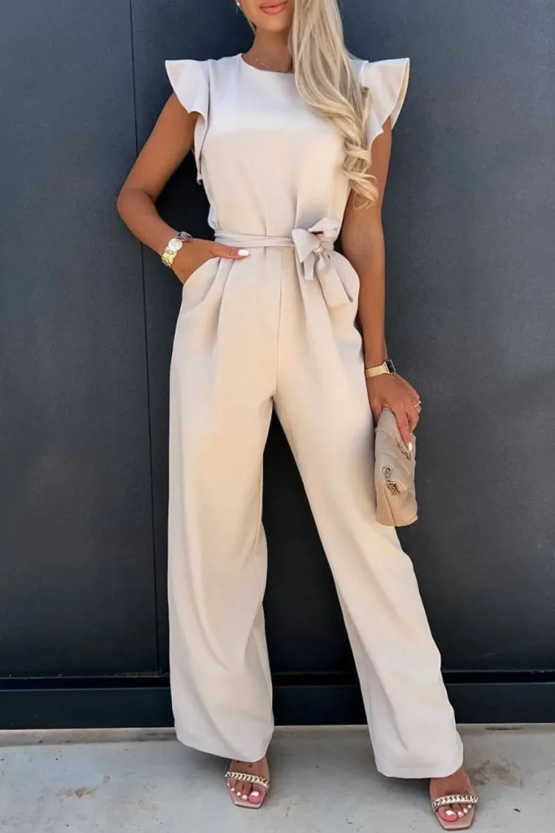 Round Neck Cap Sleeve Jumpsuit - minbolu -