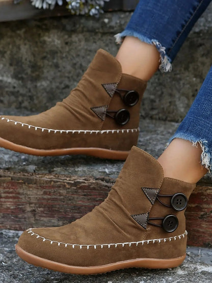 Round Toe Western Ankle Boots | Comfortable Flat Heel Cowboy Boots - minbolu
