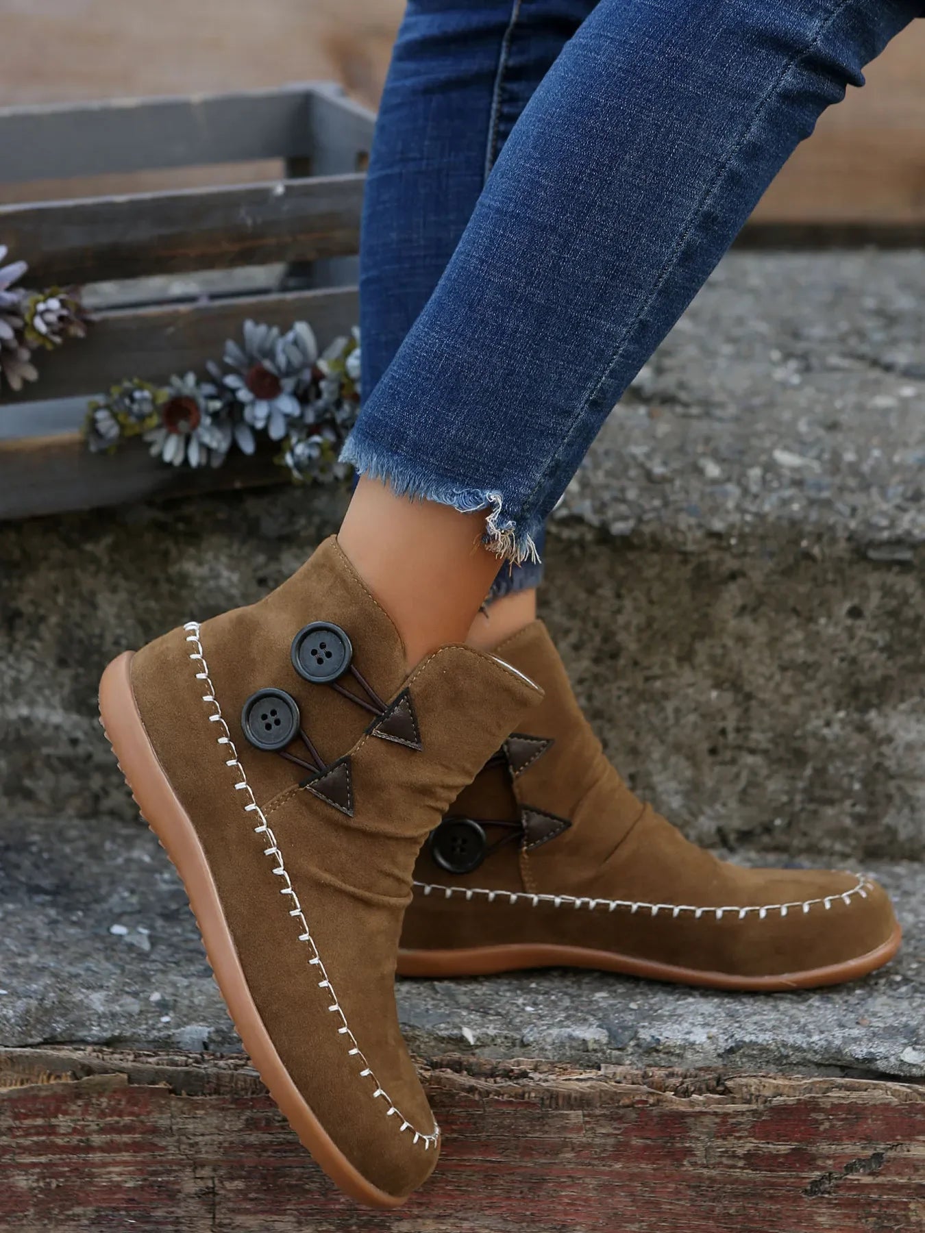 Round Toe Western Ankle Boots | Comfortable Flat Heel Cowboy Boots - minbolu