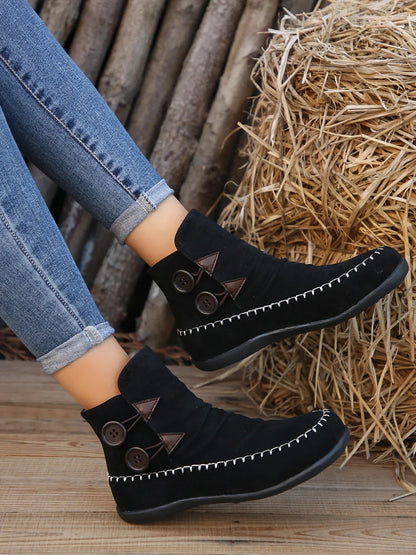 Round Toe Western Ankle Boots | Comfortable Flat Heel Cowboy Boots - minbolu