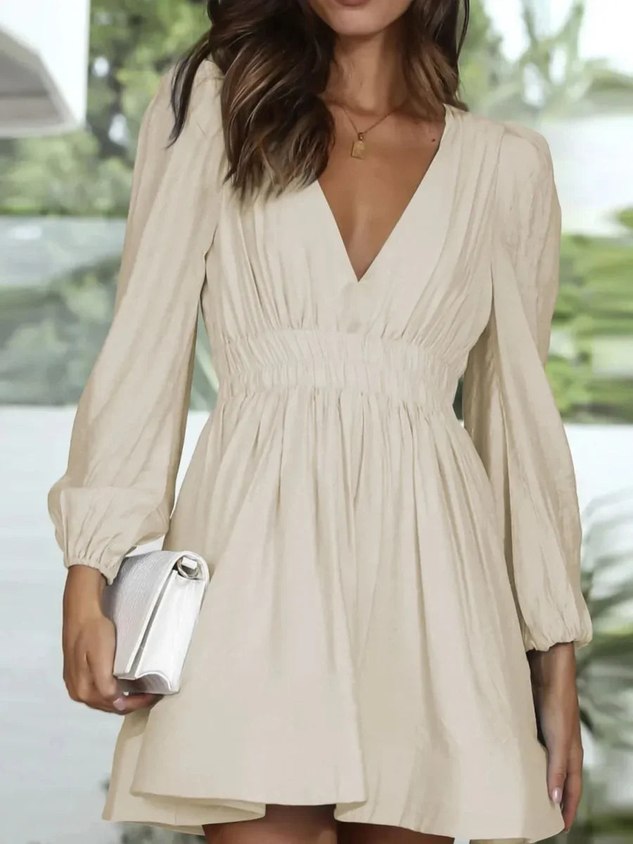Ruched V-Neck Balloon Sleeve Mini Dress - minbolu -