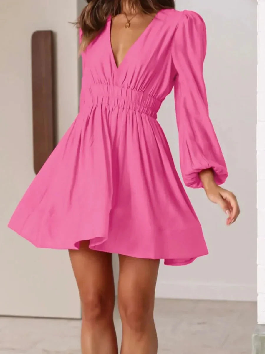 Ruched V-Neck Balloon Sleeve Mini Dress - minbolu -
