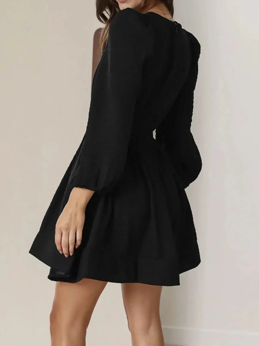Ruched V-Neck Balloon Sleeve Mini Dress - minbolu -