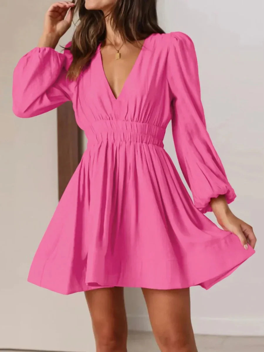 Ruched V-Neck Balloon Sleeve Mini Dress - minbolu -