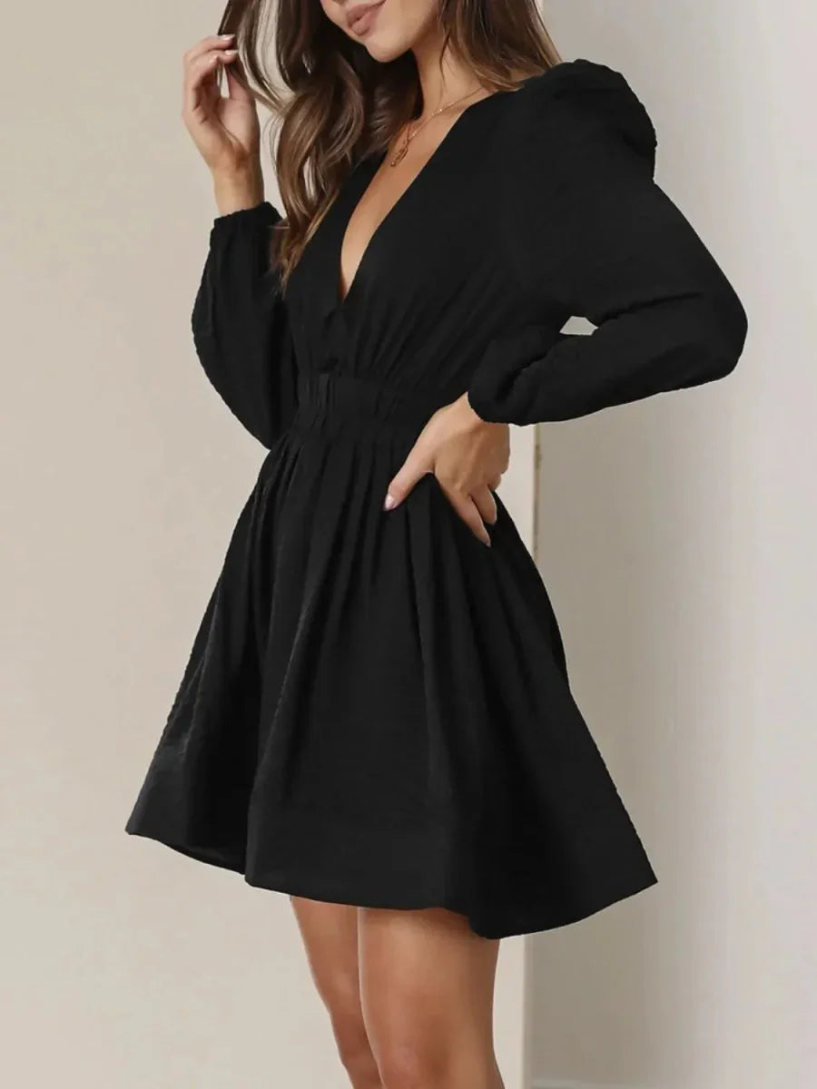 Ruched V-Neck Balloon Sleeve Mini Dress - minbolu -