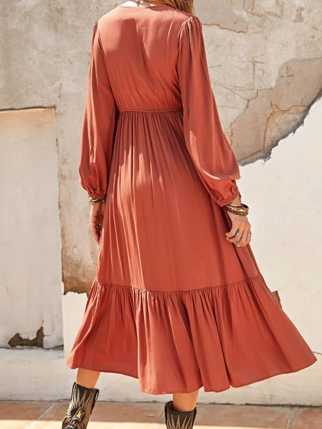 Ruched V-Neck Midi Dress with Ruffles - minbolu -