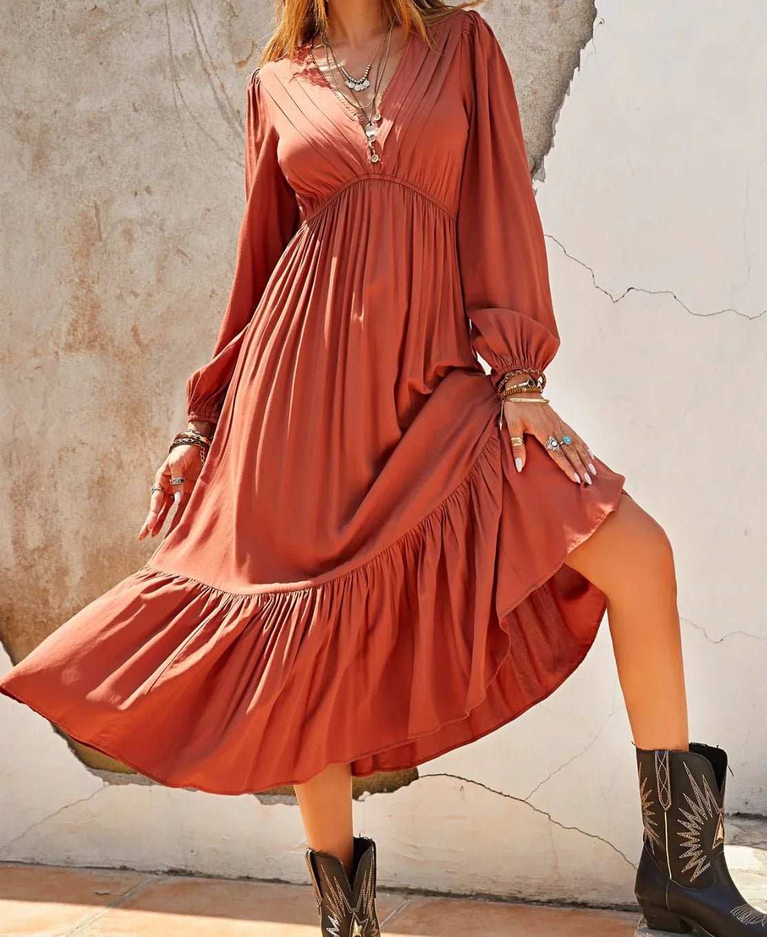 Ruched V-Neck Midi Dress with Ruffles - minbolu -