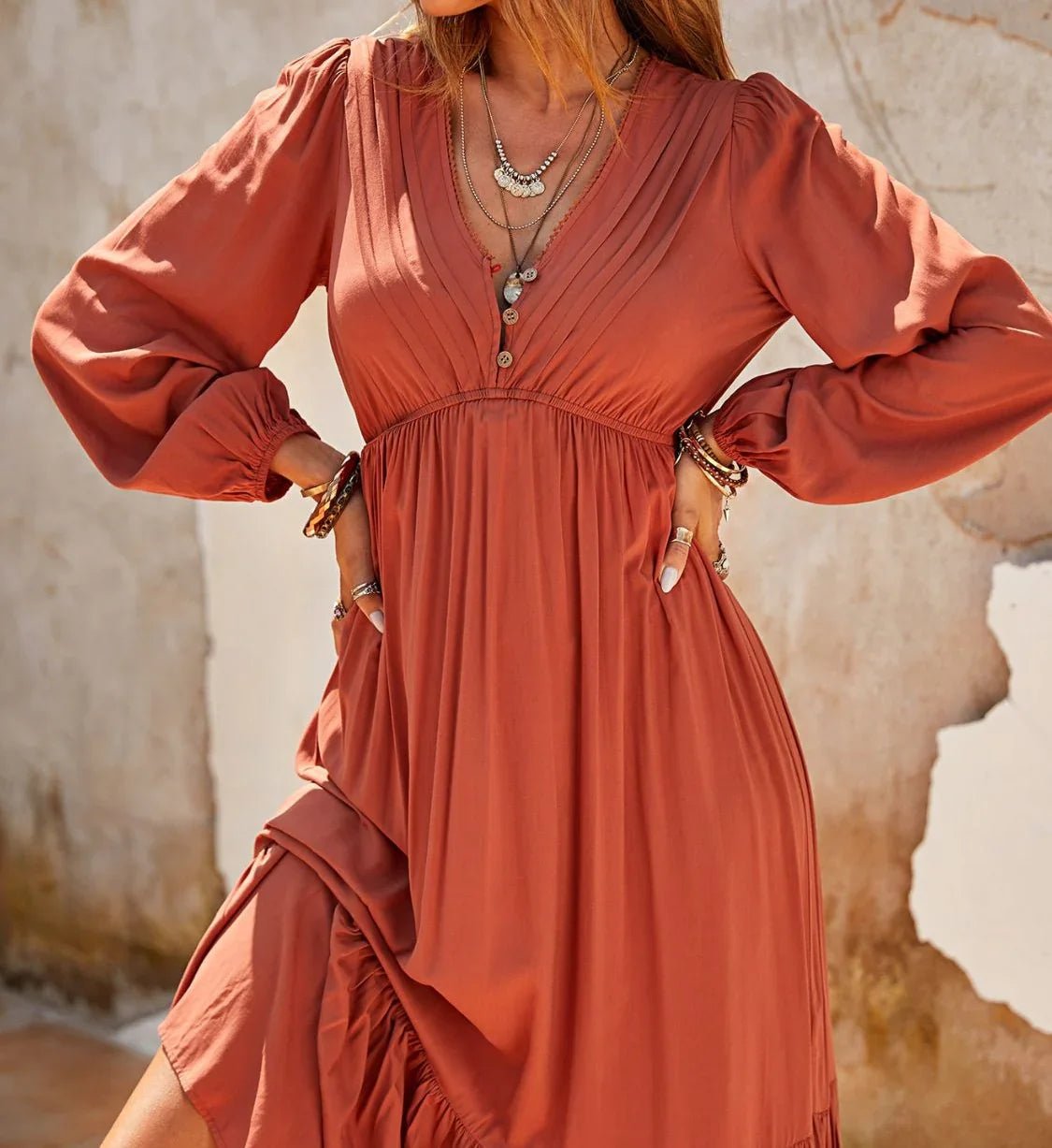 Ruched V-Neck Midi Dress with Ruffles - minbolu -