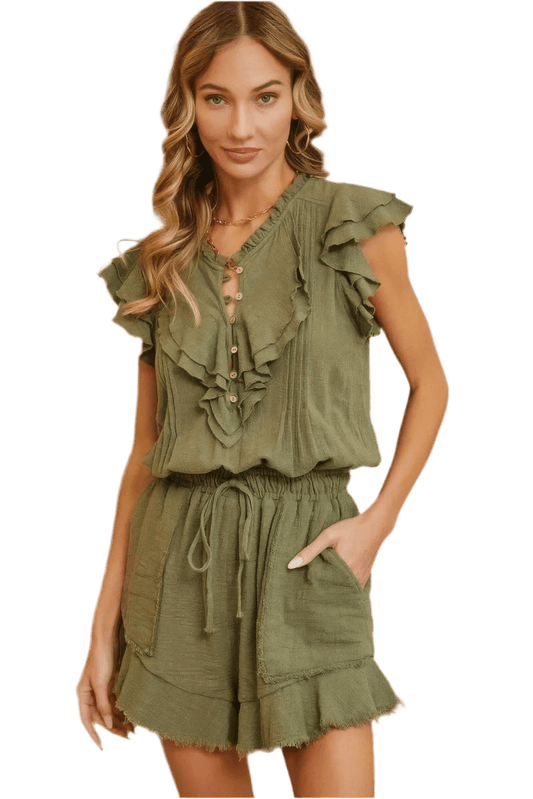 Ruffle Romper in Olive | 100% Cotton Romper - minbolu