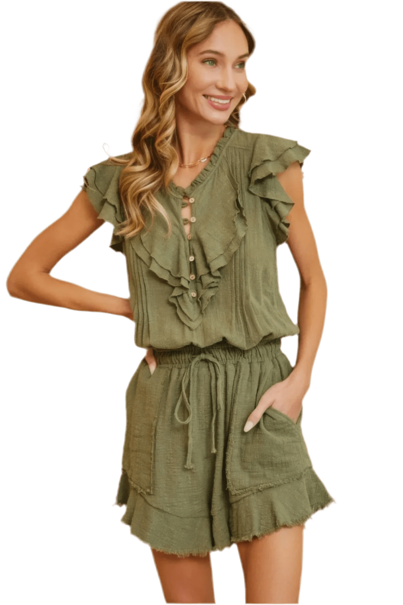 Ruffle Romper in Olive | 100% Cotton Romper - minbolu