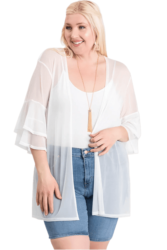 Ruffle Sleeve Open Cardigan Ivory 1XL 2XL 3XL - minbolu