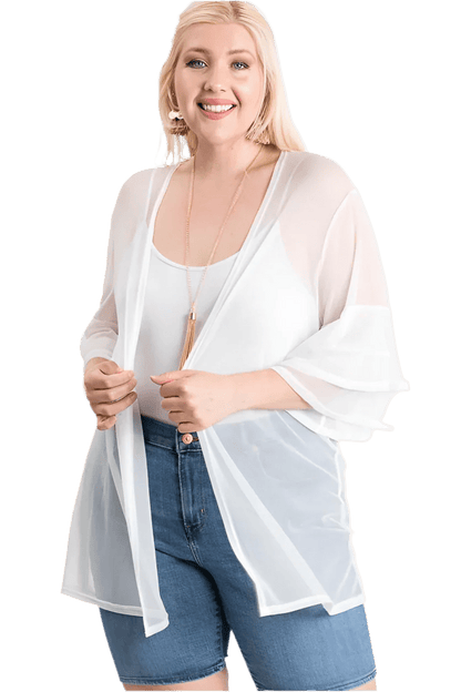 Ruffle Sleeve Open Cardigan Ivory 1XL 2XL 3XL - minbolu