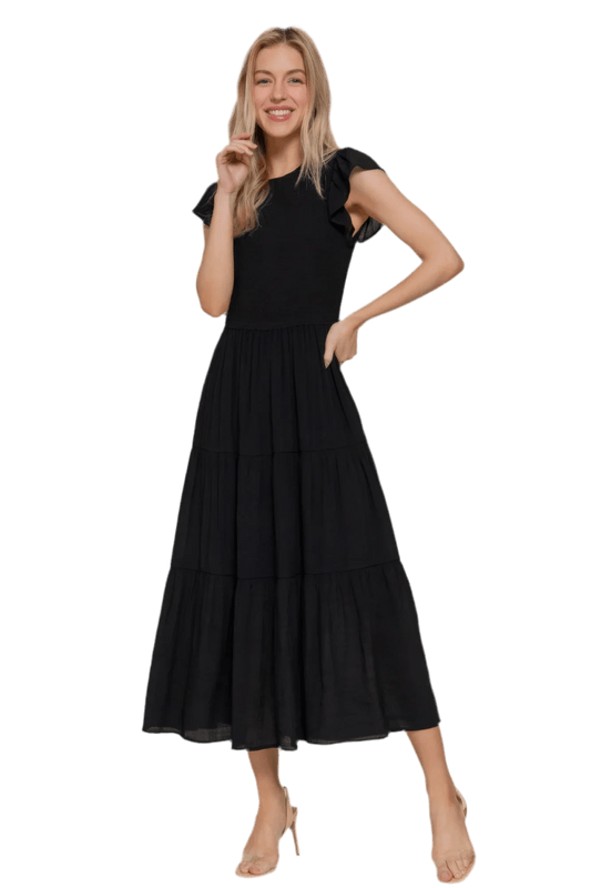 Ruffle Sleeve Smocked Solid Tiered Dress - minbolu