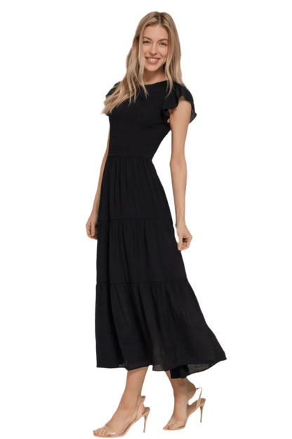 Ruffle Sleeve Smocked Solid Tiered Dress - minbolu -
