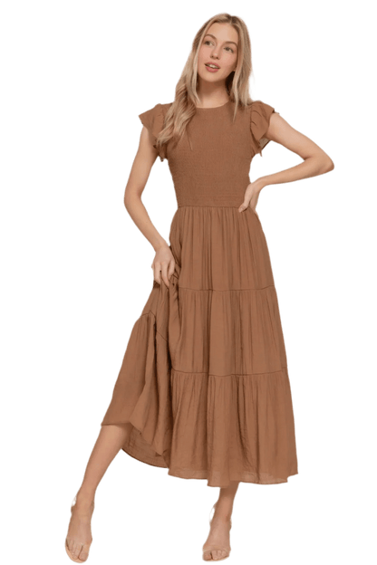 Ruffle Sleeve Smocked Tiered Dress - minbolu -
