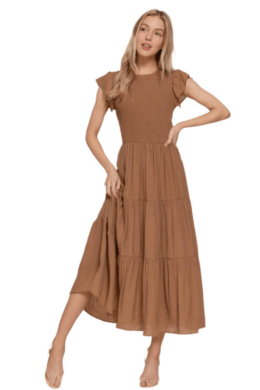 Ruffle Sleeve Smocked Tiered Dress - minbolu