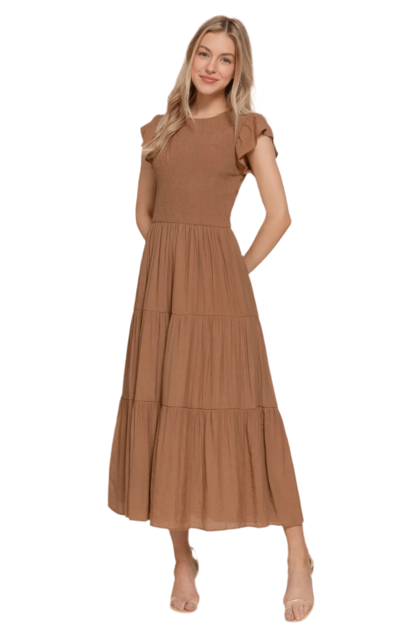 Ruffle Sleeve Smocked Tiered Dress - minbolu -