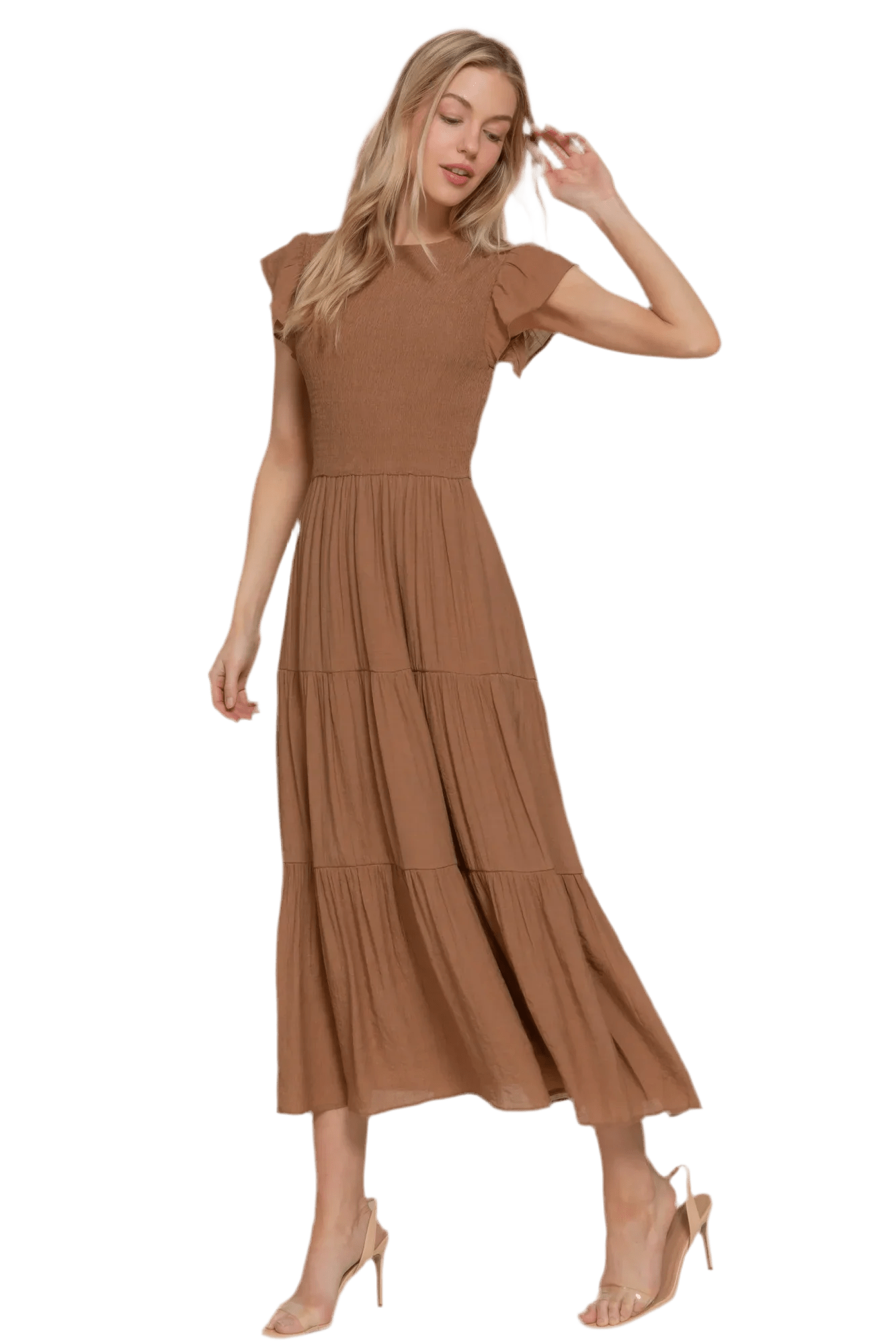 Ruffle Sleeve Smocked Tiered Dress - minbolu -