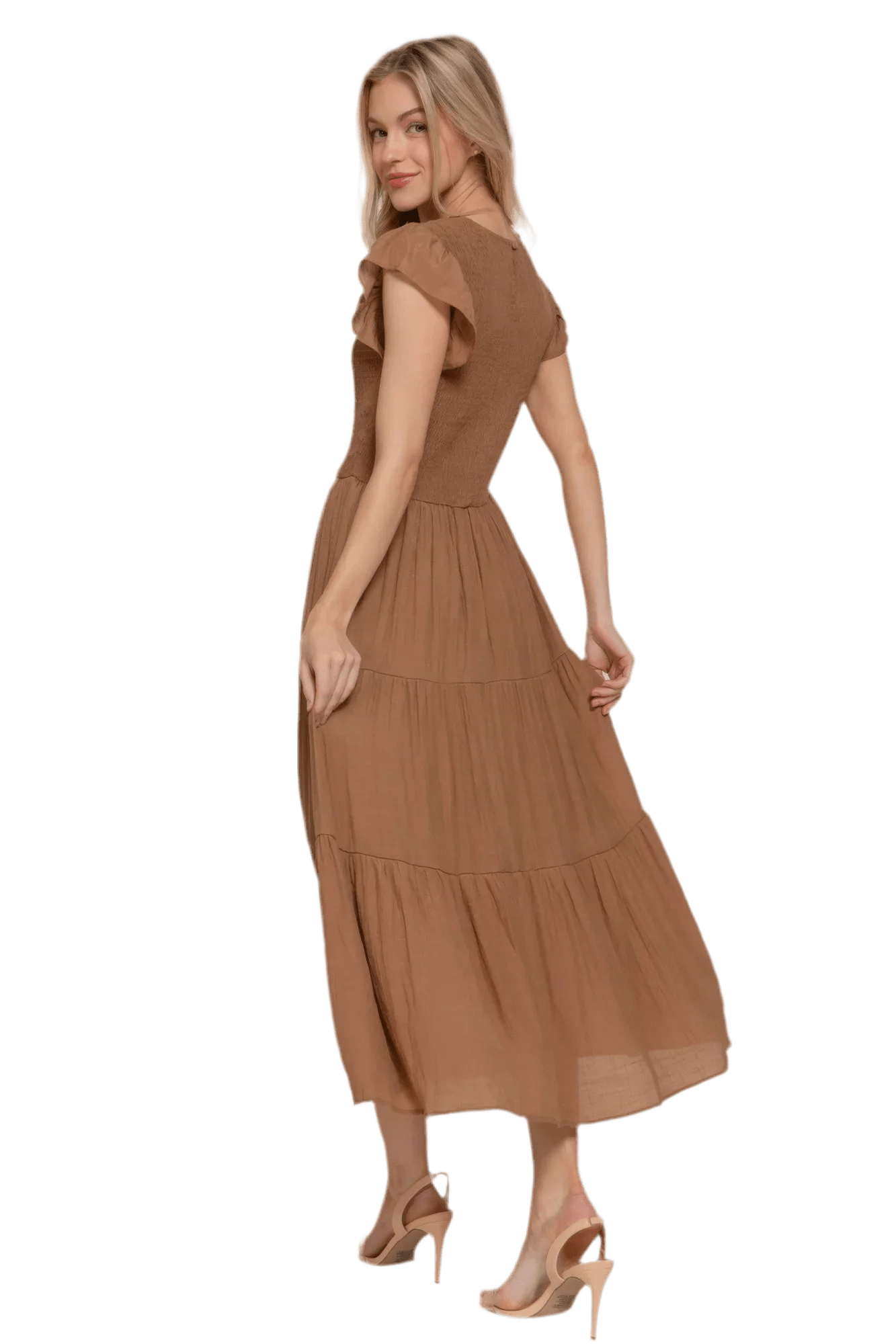 Ruffle Sleeve Smocked Tiered Dress - minbolu -