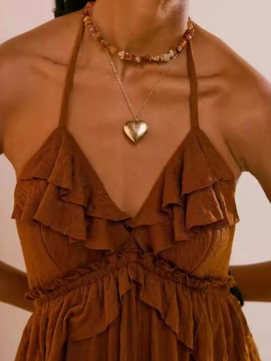 Ruffled Halter Neck Maxi Dress - Elegant Sleeveless Long Dress - minbolu -