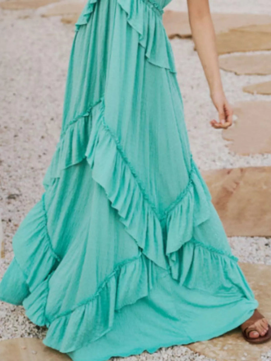 Ruffled Halter Neck Maxi Dress - Elegant Sleeveless Long Dress - minbolu -
