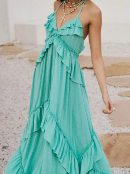 Ruffled Halter Neck Maxi Dress - Elegant Sleeveless Long Dress - minbolu -