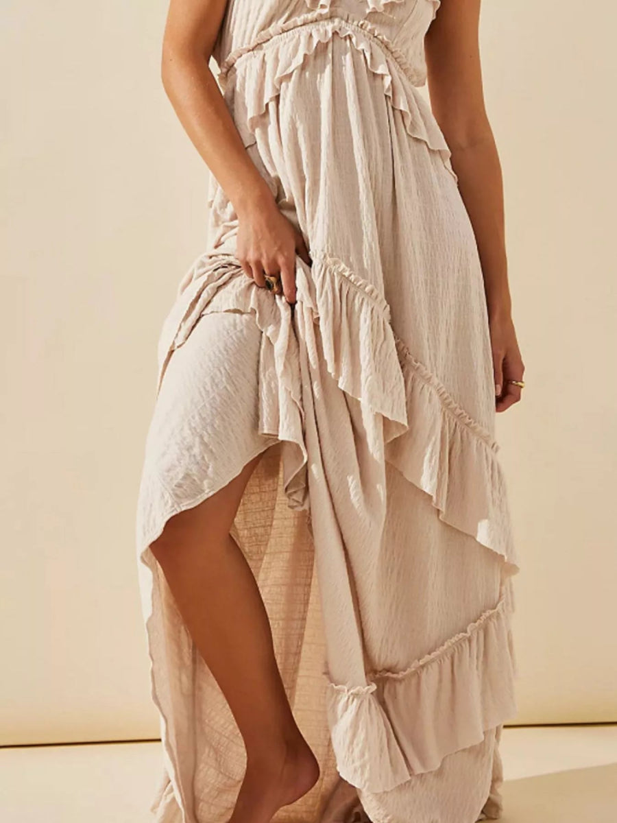 Ruffled Halter Neck Maxi Dress - Elegant Sleeveless Long Dress - minbolu -