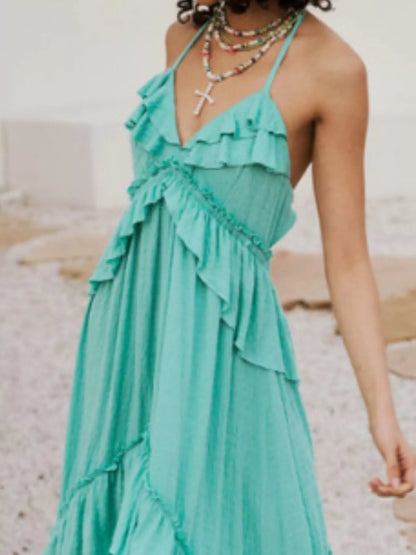 Ruffled Halter Neck Maxi Dress - Elegant Sleeveless Long Dress - minbolu -