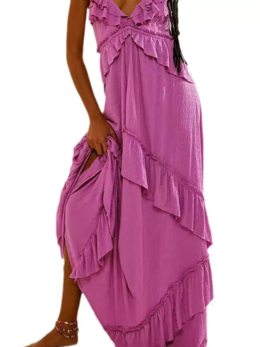Ruffled Halter Neck Maxi Dress - Elegant Sleeveless Long Dress - minbolu -