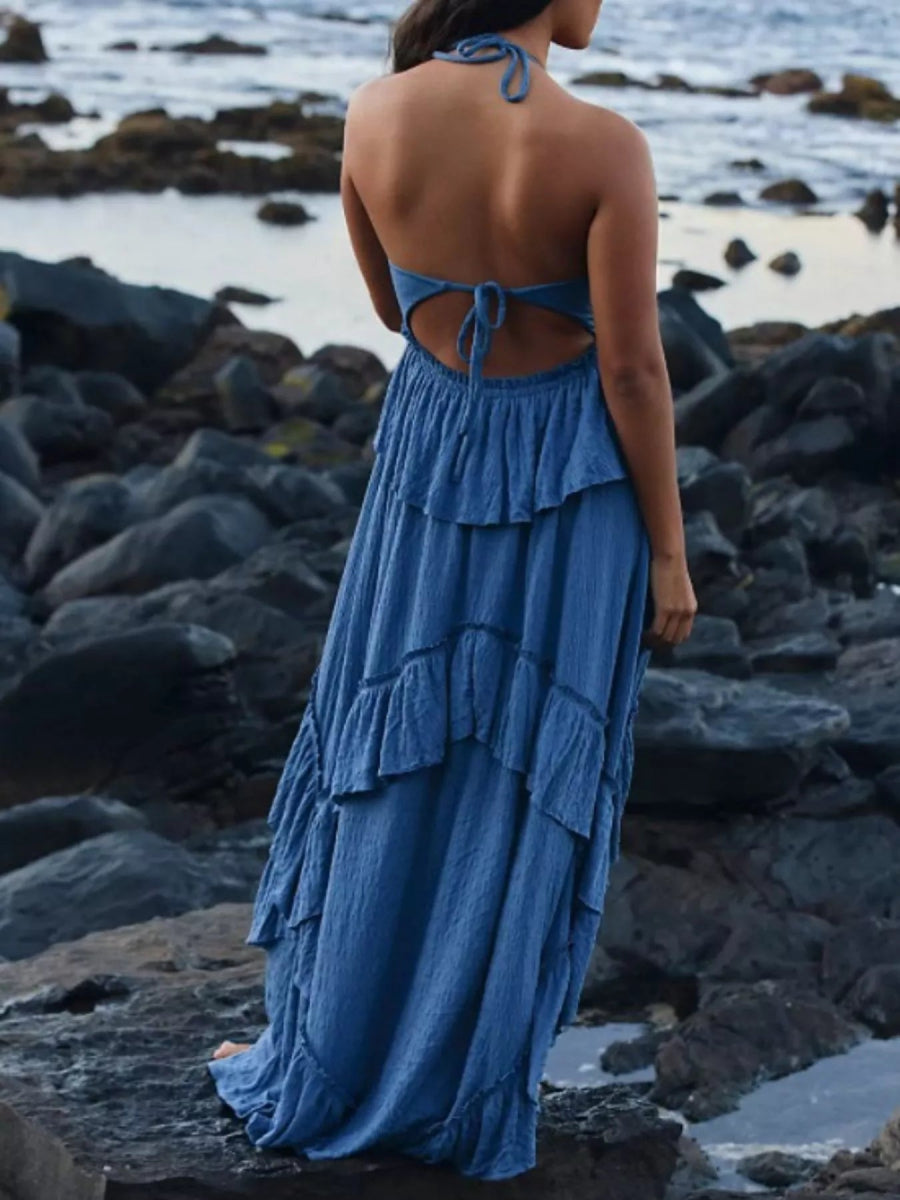 Ruffled Halter Neck Maxi Dress - Elegant Sleeveless Long Dress - minbolu -