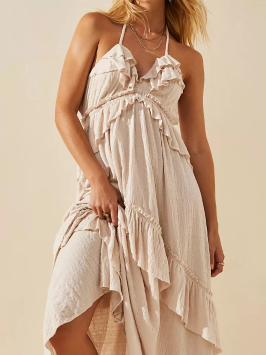 Ruffled Halter Neck Maxi Dress - Elegant Sleeveless Long Dress - minbolu -