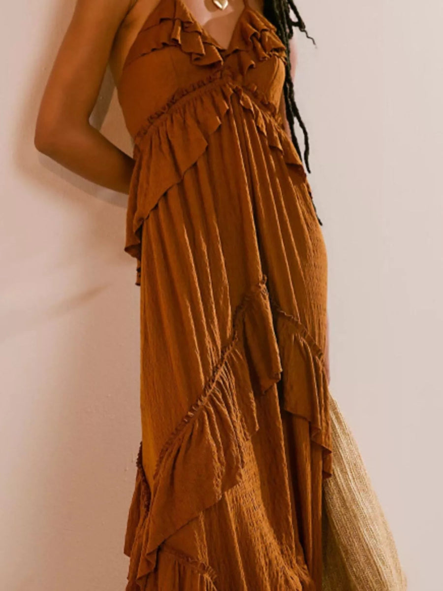Ruffled Halter Neck Maxi Dress - Elegant Sleeveless Long Dress - minbolu -