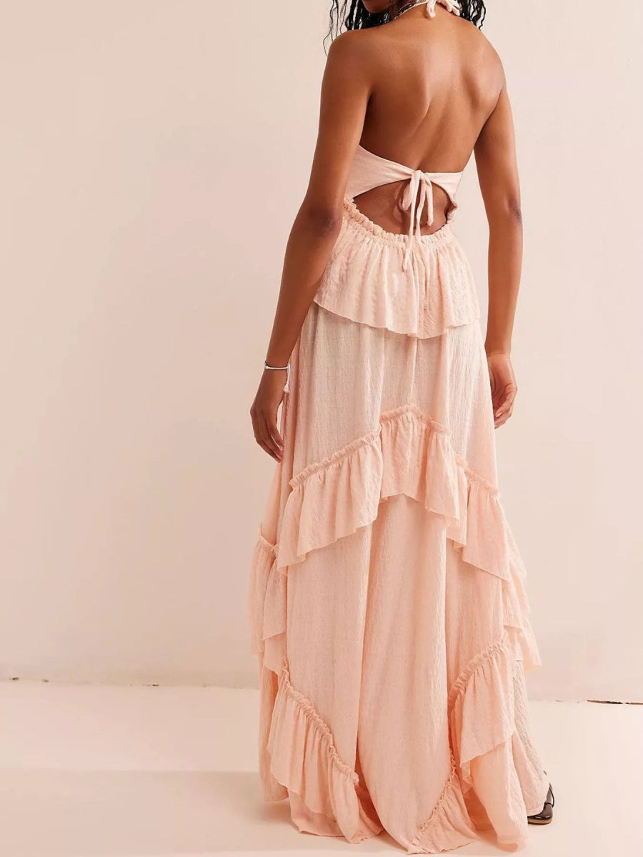 Ruffled Halter Neck Maxi Dress - Elegant Sleeveless Long Dress - minbolu -