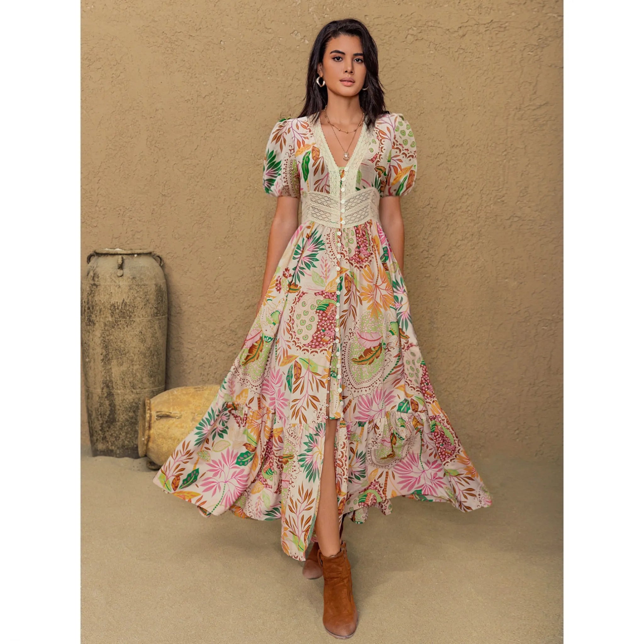 Lace Trim Floral Print Puff Sleeve Dress